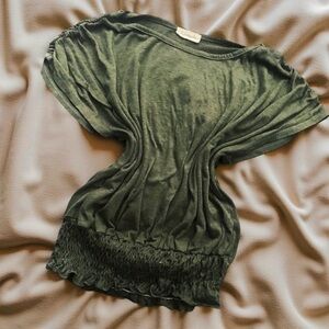 Olive Boatneck Smocked Cinched Waist Women's Top All Seasons Multi Occasion